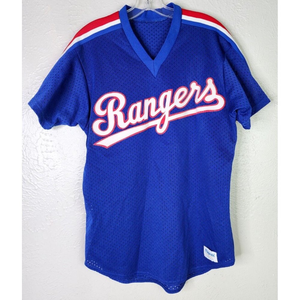 Vtg 80's Majestic Jersey (L?) Texas Rangers Spellout V-Neck Patch Blue MLB